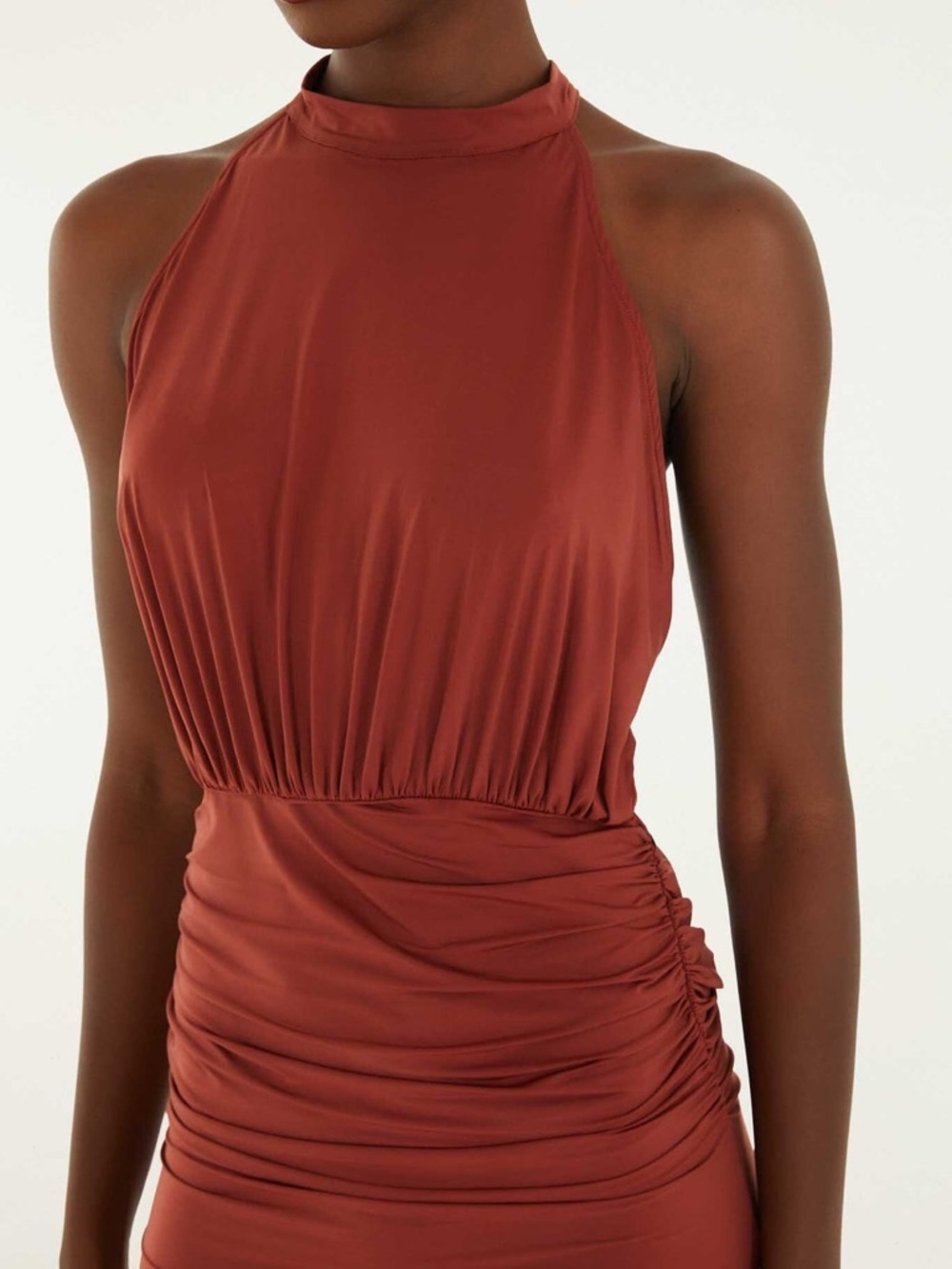 FARM Rio Brown High Neck Draped Open Back Mini Dress NWT L - Picture 5 of 6